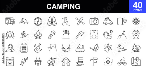 Camping icon set. Simple set of travel outdoor related vector line icons. Contains such icons as tent, compasses, campfire, map, tourist, hiking, camp trailerand, camping equipment and more