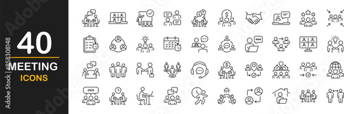 Meeting icon set. Contains such icons as seminar, business meeting, presentation, interview, conference, assembly, agreement and discussion icons, webinar, teamwork, coworking and more
