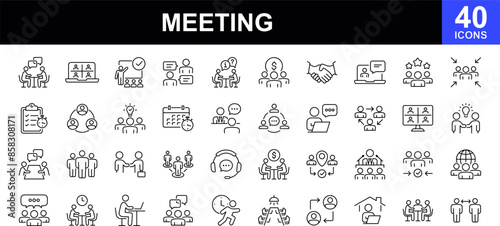 Meeting icon set. Contains such icons as seminar, business meeting, presentation, interview, conference, assembly, agreement and discussion icons, webinar, teamwork, coworking and more