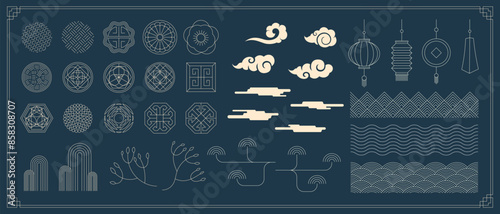 Chinese traditional banner decoration element set. Korean and Japanese decorative pattern and lantern. Asian moon flower and cloud. Oriental style folk ornament collection concept for holiday poster