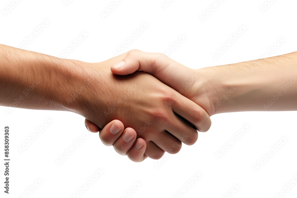 Two hands engaged in a firm handshake, isolated on a white background, symbolizing agreement or partnership. Generative AI Two hands engaged in a firm handshake, isolated on a white background, symbolizing agreement or partnership. Generative AI