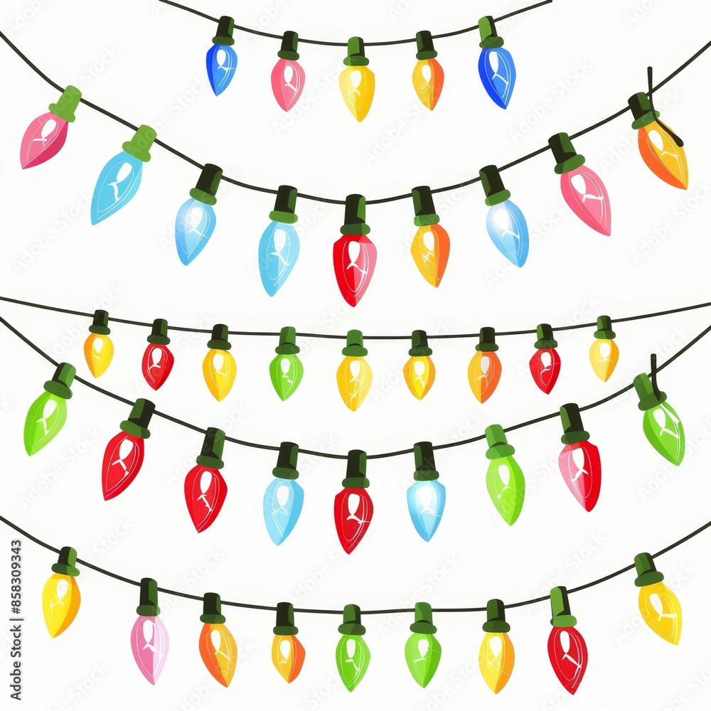 A Christmas lights big set. Colorful string fairy lights. Lightbulb glowing garland line. Cartoon holiday festive decorations. Rainbow color. Flat design. White background. A Christmas lights big set. Colorful string fairy lights. Lightbulb glowing garland line. Cartoon holiday festive decorations. Rainbow color. Flat design. White background.