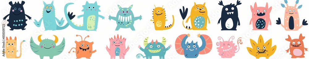 Super big monster icon set. Happy Halloween. Cute cartoon kawaii baby character. Funny head face colorful silhouette. Horned teeth fang tongue. Hands up, down. Flat design. White background. Super big monster icon set. Happy Halloween. Cute cartoon kawaii baby character. Funny head face colorful silhouette. Horned teeth fang tongue. Hands up, down. Flat design. White background.