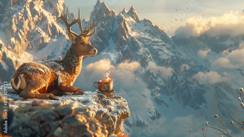 A stuffed deer sat enjoying a cup of tea, perched on a mountaintop near a roaring fire. photo