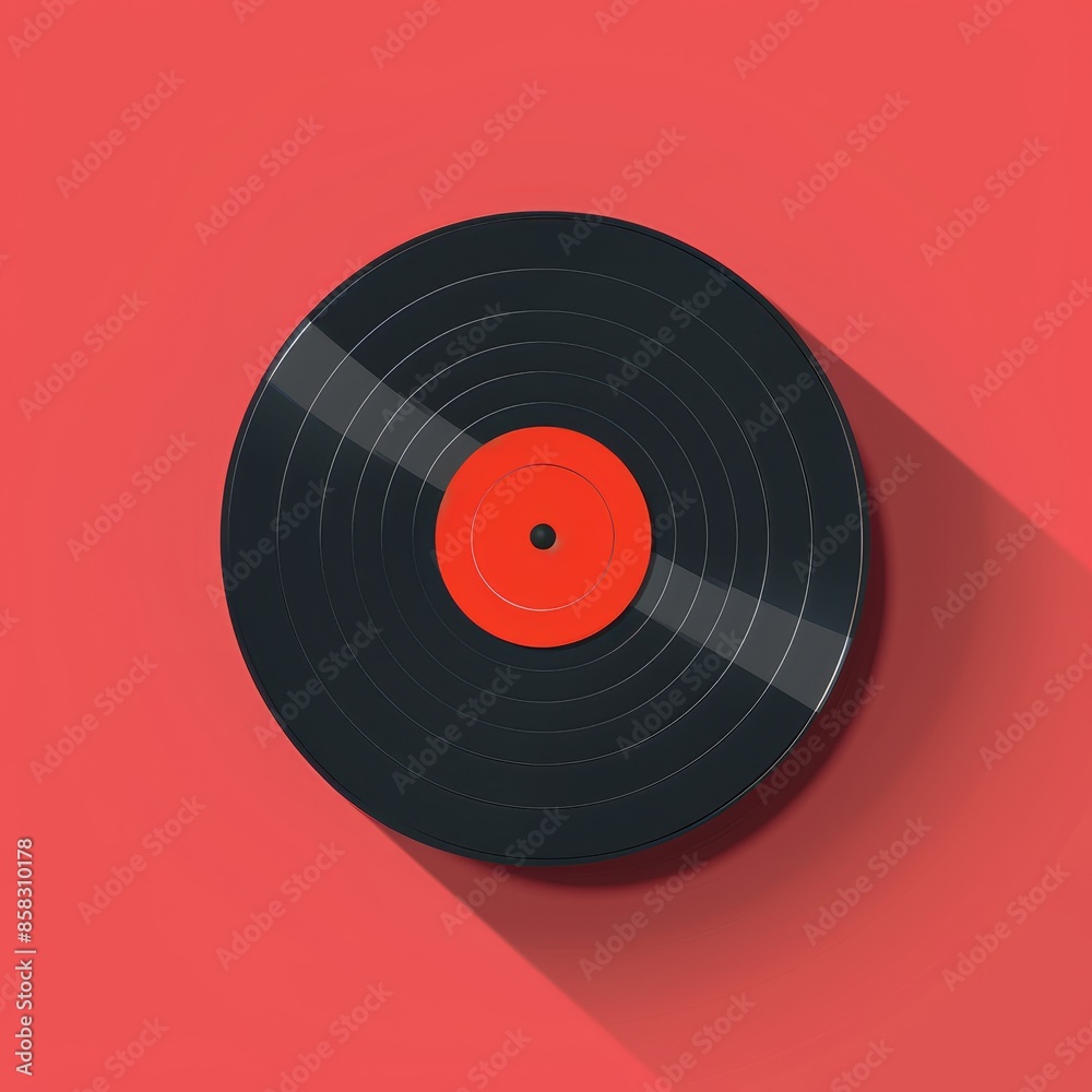 Isolated vinyl record disk. Music sound icon on black vinyl. Red label center. Love greeting card, flat design. Red background. Isolated vinyl record disk. Music sound icon on black vinyl. Red label center. Love greeting card, flat design. Red background.