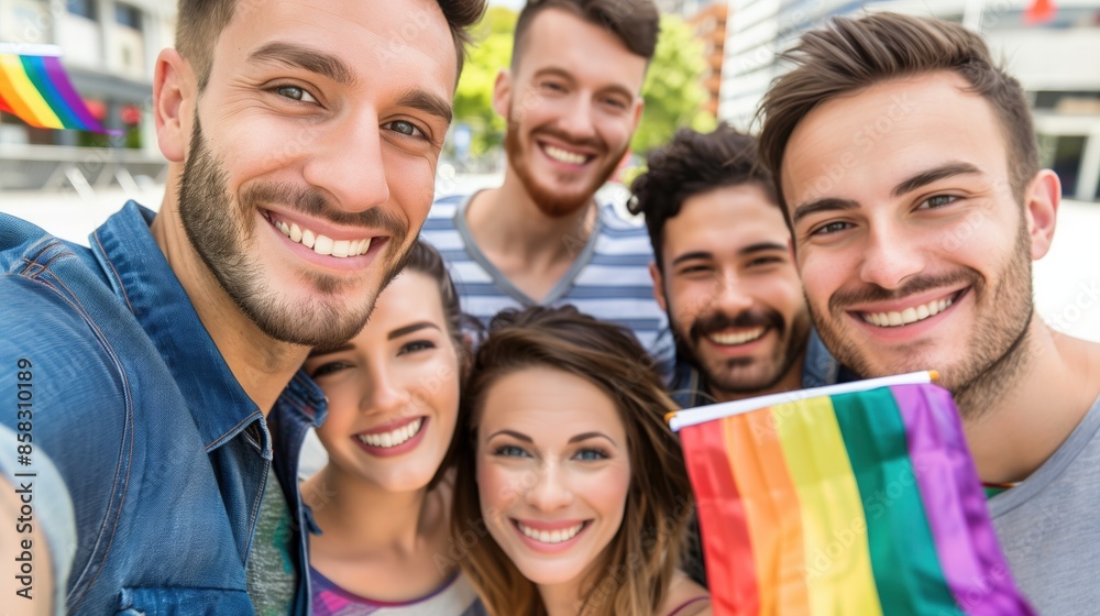 A group of people are smiling and holding a rainbow flag. Scene is happy and celebratory A group of people are smiling and holding a rainbow flag. Scene is happy and celebratory