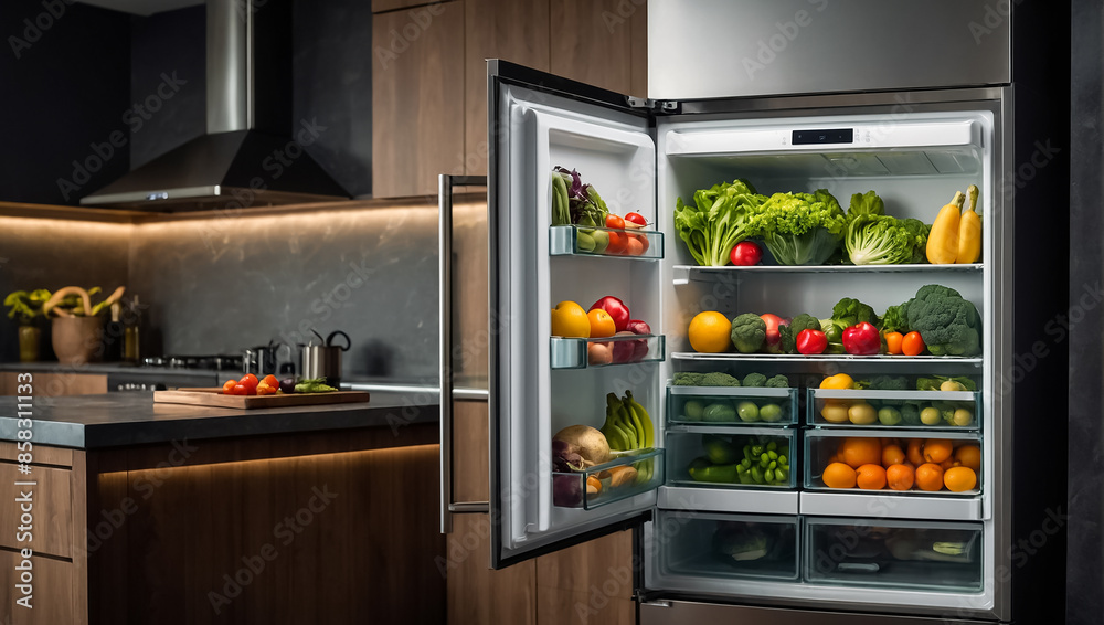 Open refrigerator in the kitchen with different vegetables and fruits Open refrigerator in the kitchen with different vegetables and fruits