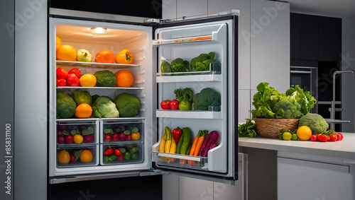 Wallpaper Mural Open refrigerator in the kitchen with different vegetables and fruits Torontodigital.ca