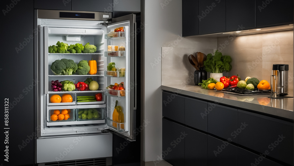 Open refrigerator in the kitchen with different vegetables and fruits Open refrigerator in the kitchen with different vegetables and fruits