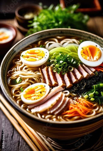 Wallpaper Mural delicious bowl steamy ramen toppings ready eat, hot, savory, noodles, flavorful, tasty, appetizing, japanese, cuisine, meal, dish, garnishes, spicy Torontodigital.ca