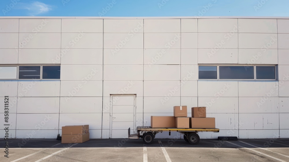 Naklejka premium A hand truck with cardboard boxes on an outdoor loading dock, with clear sky and empty space in the background for copy