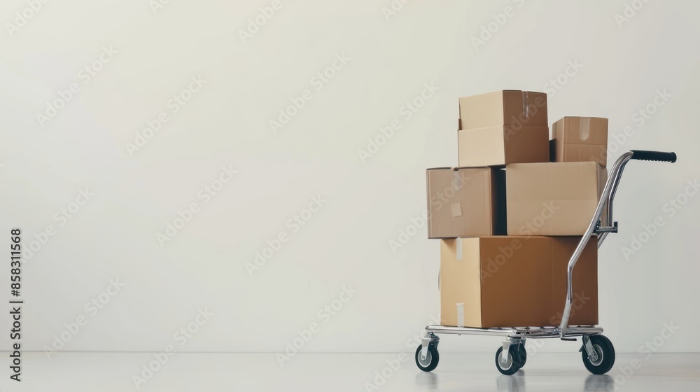 A close-up of a hand truck and cardboard boxes in a minimalist studio setting, with ample white space around for text or graphics A close-up of a hand truck and cardboard boxes in a minimalist studio setting, with ample white space around for text or graphics