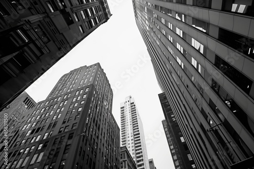 A black and white photo of a city skyline with tall buildings. Scene is one of awe and wonder at the impressive architecture of the buildings
