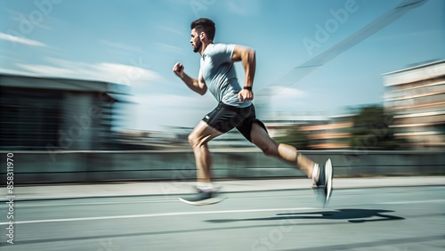 running man motion blur, sunny day. feet cose-up