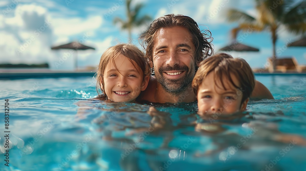 A Father And Children Swim In A Transparent Pool. Illustration On The Theme Of Recreation And Tourism, Family Happiness. Generative AI A Father And Children Swim In A Transparent Pool. Illustration On The Theme Of Recreation And Tourism, Family Happiness. Generative AI