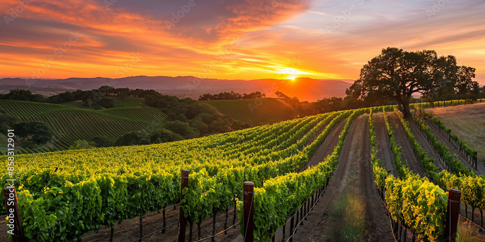 Fototapeta premium Vineyard at Sunrise, Fresh Morning Atmosphere, HD Photo
