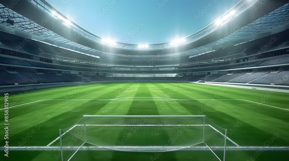 Fototapeta premium A soccer field with a bright green grass and a few lights in the background. Football stadium arena for professional match with spotlight