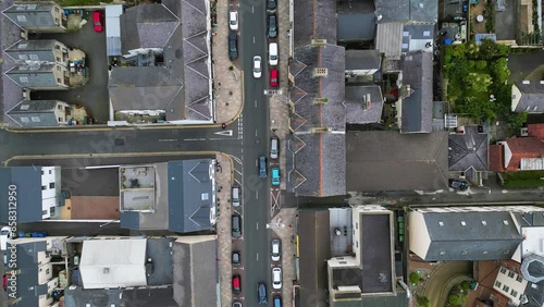 Drone shot above the main street of Newcastle, County Down, a small town in Northern Ireland