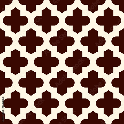 Seamless surface design with ogee ornament. Oriental traditional pattern with repeated mosaic tile. Tracery window wallpaper. Moroccan crosses motif. Arabesque digital paper, textile print. Vector art