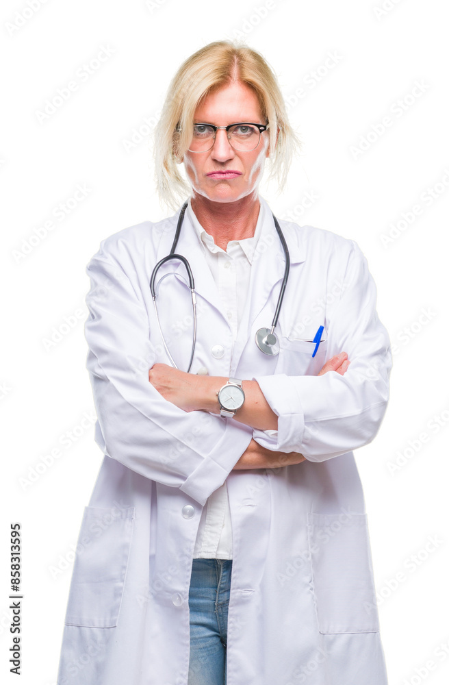 Middle age blonde doctor woman over isolated background skeptic and nervous, disapproving expression on face with crossed arms. Negative person. Middle age blonde doctor woman over isolated background skeptic and nervous, disapproving expression on face with crossed arms. Negative person.