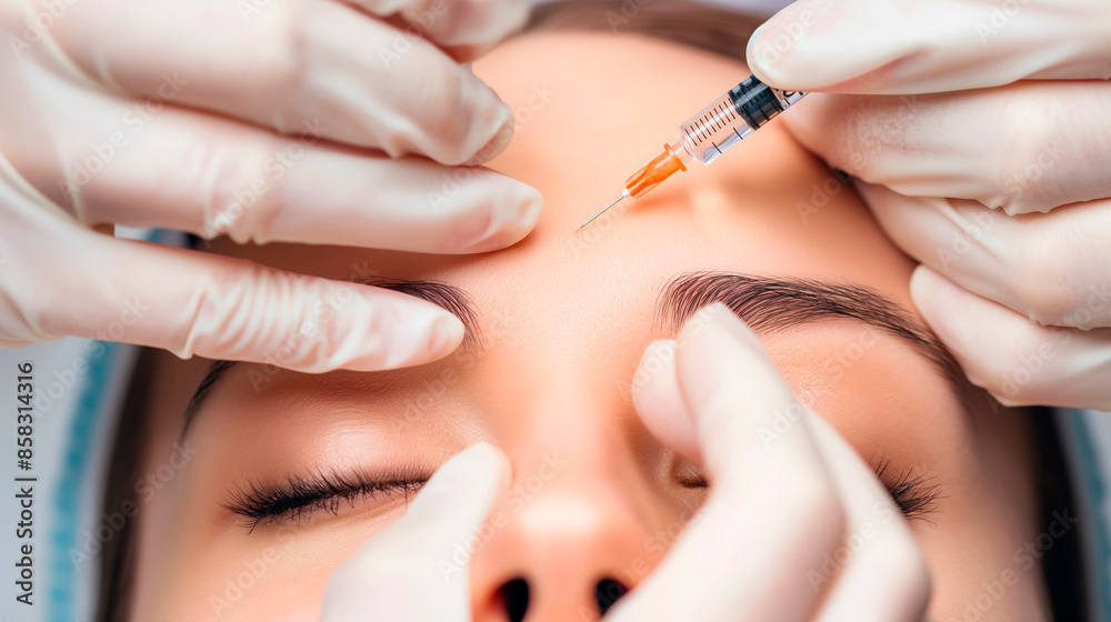 Botox injections, neurotoxin botulinum into the skin, Young women undergoing facial injections Botox injections, neurotoxin botulinum into the skin, Young women undergoing facial injections