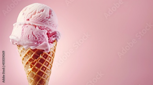 Close-up of a delicious ice cream cone against a soft pastel backdrop, showcasing its textures