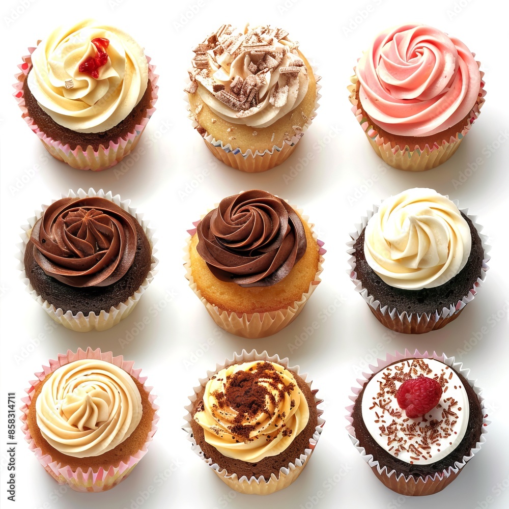 Assorted cupcakes with various frosting designs arranged in a grid. Perfect for celebrating occasions, these cupcakes showcase different designs and flavors. Ideal for bakery marketing Assorted cupcakes with various frosting designs arranged in a grid. Perfect for celebrating occasions, these cupcakes showcase different designs and flavors. Ideal for bakery marketing