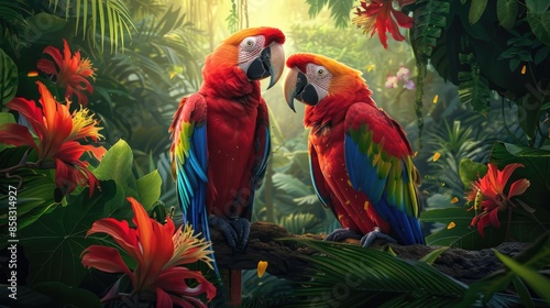 Exotic Colorful Background Macaws in Jungle Amid Lush Vegetation and Blooming Flowers photo