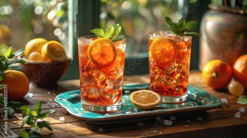 Refreshing iced tea with lemon and mint served on a rustic table with a summer holiday setting