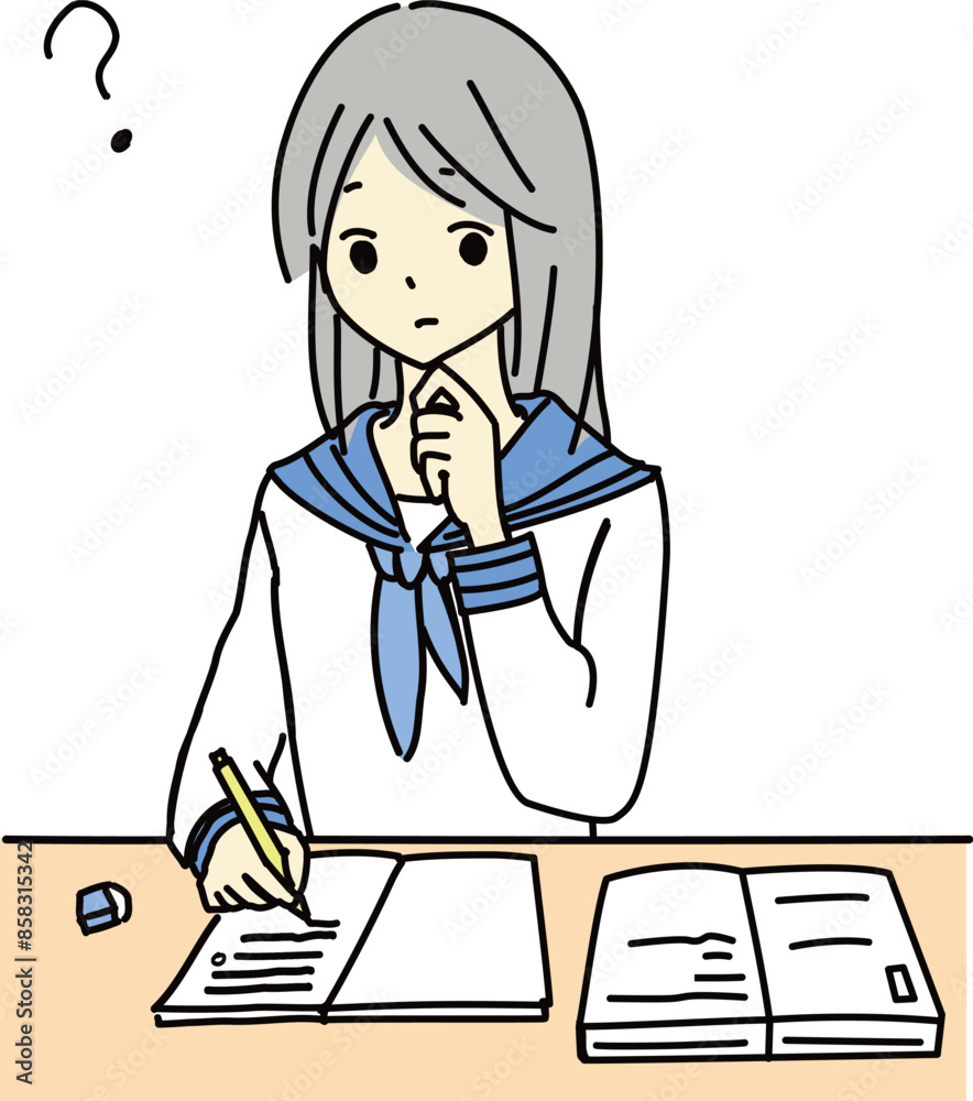 勉強中に疑問が出た女子学生のイラスト 勉強中に疑問が出た女子学生のイラスト