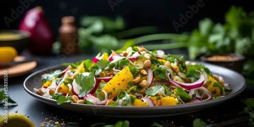 Tangy Fresh Mango Salad with Red Onions, Cilantro, Peanuts, and Dressing. Concept Salad Recipe, Mango, Red Onions, Cilantro, Peanuts, Dressing photo