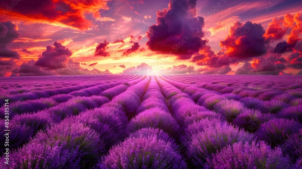 A field of lavender with a beautiful sunset in the background. Generate AI image A field of lavender with a beautiful sunset in the background. Generate AI image