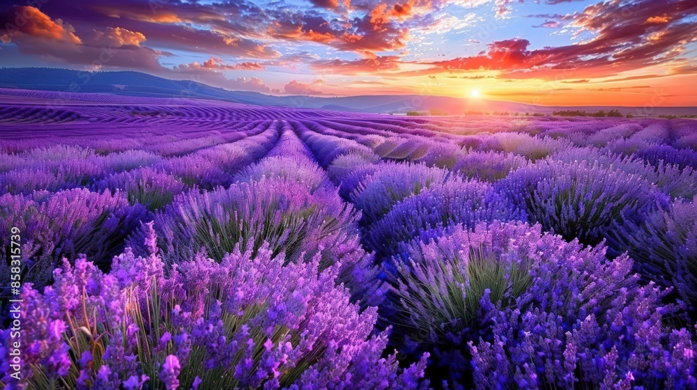 Obraz premium A field of lavender with a beautiful sunset in the background. Generate AI image