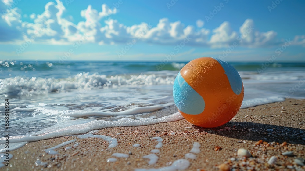 Obraz premium Close-up view of a beach ball lying on the sand with the ocean waves and a clear blue sky in the background