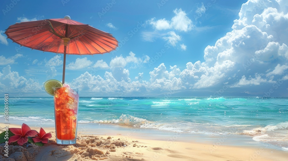 A summer holiday scene with a beach umbrella, towel, and a tropical drink on the sand with the ocean in the background A summer holiday scene with a beach umbrella, towel, and a tropical drink on the sand with the ocean in the background
