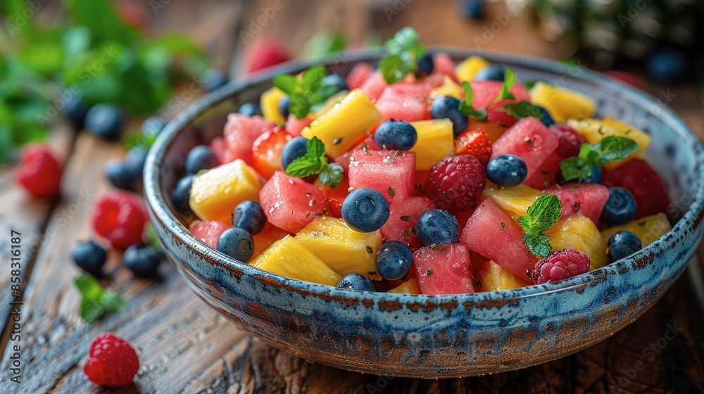 A refreshing fruit salad with watermelon, pineapple, and berries on a wooden table with a summer picnic setting A refreshing fruit salad with watermelon, pineapple, and berries on a wooden table with a summer picnic setting