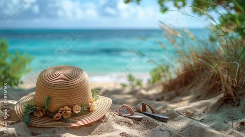 Summer vacation scene with flip-flops, a sun hat, and a beach towel on the sand with the ocean in the background