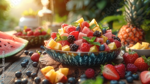 A refreshing fruit salad with watermelon, pineapple, and berries on a wooden table with a summer picnic setting