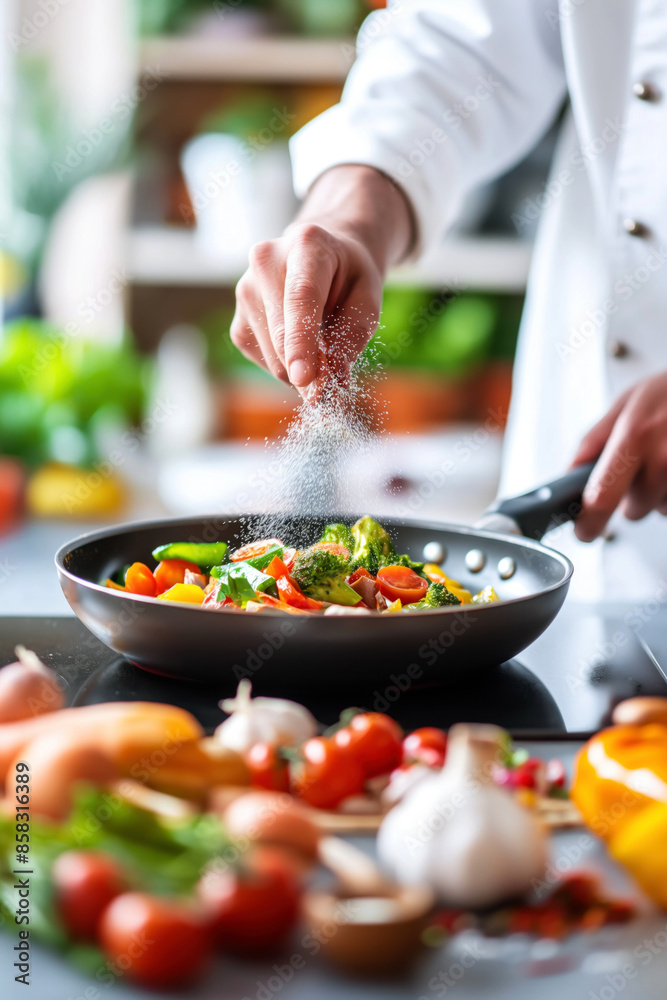 Chef sprinkling salt over a vegetable stir-fry in a pan.. Chef sprinkling salt over a vegetable stir-fry in a pan..