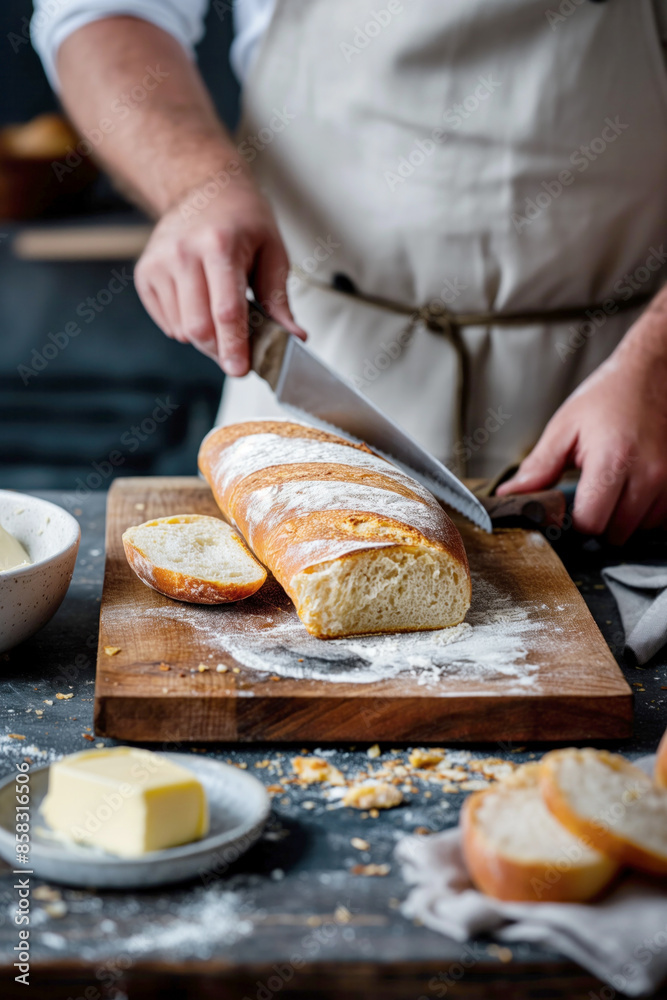 Baker slicing freshly baked baguette on a wooden board with butter on the table. Baker slicing freshly baked baguette on a wooden board with butter on the table.