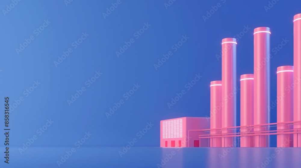 Abstract 3D industrial factory with chimneys in pink against a blue background, ideal for business and technology themes. Abstract 3D industrial factory with chimneys in pink against a blue background, ideal for business and technology themes.