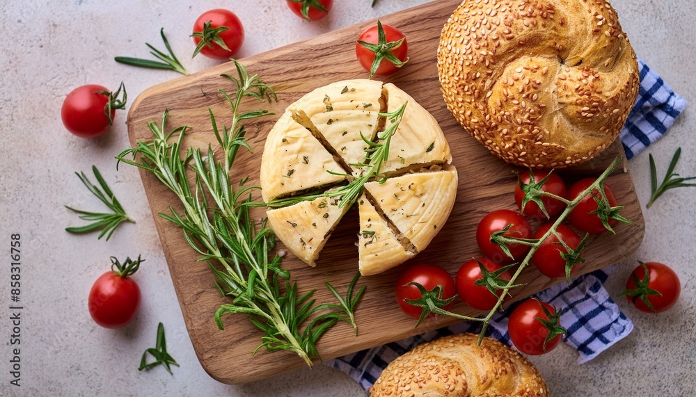 Flat lay view of homemade cheese, tomatoes, basil, gluten free rolls and rosemary on a wooden board Flat lay view of homemade cheese, tomatoes, basil, gluten free rolls and rosemary on a wooden board
