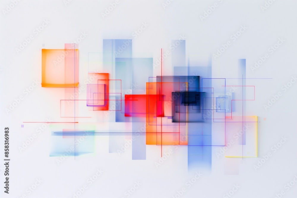 Abstract geometric shapes in vibrant colors on a white background. Modern art with transparency and overlapping elements.