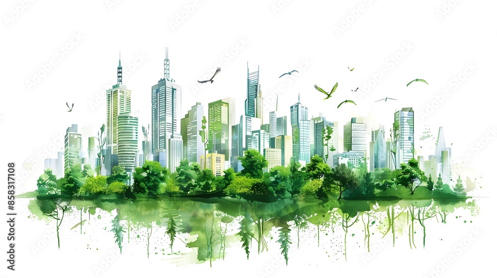 Fototapeta premium Vibrant Eco-Friendly Cityscape with Towering Skyscrapers and Lush Greenery