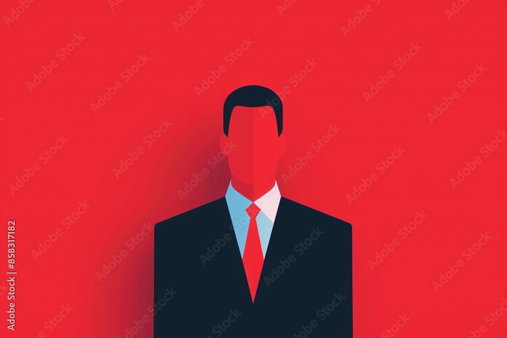 Abstract illustration of a faceless man in a suit on a red background, representing anonymity and professionalism. Abstract illustration of a faceless man in a suit on a red background, representing anonymity and professionalism.