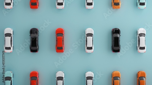 Aerial view of colorful toy cars arranged in neat rows on a light blue background, showcasing symmetry and playful design concept. photo