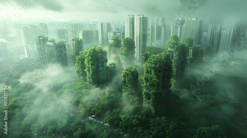 Sustainable Urban Oasis:Eco-Friendly Cityscape Surrounded by Lush Greenery © pkproject