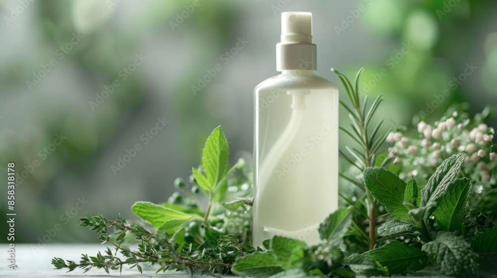 A clear liquid-filled white spray bottle is surrounded by lush green herbs on a table. The bottle is in focus, with herbs in focus and a blurred background, giving a natural feel. A clear liquid-filled white spray bottle is surrounded by lush green herbs on a table. The bottle is in focus, with herbs in focus and a blurred background, giving a natural feel.