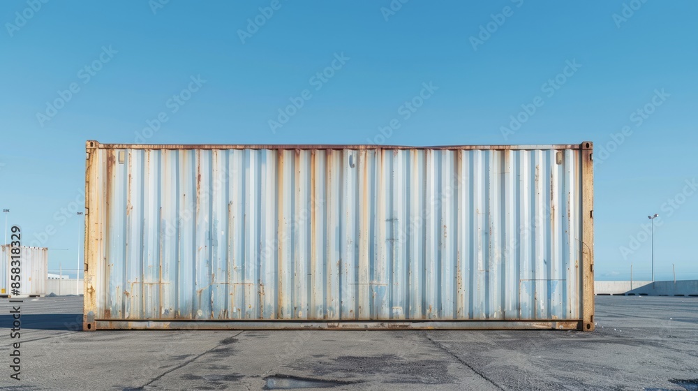 A shipping container placed in an industrial area with a clear, empty background for ample copy space A shipping container placed in an industrial area with a clear, empty background for ample copy space
