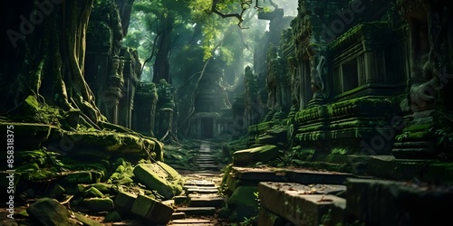 Explore Cambodias mystical ancient temples hidden in the jungle through realistic photography. Concept Cambodian Temples, Jungle Adventures, Historical Photography, Mystical Landscapes photo